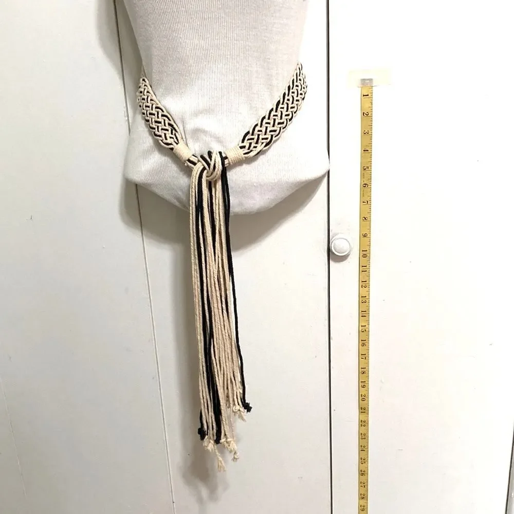 MACRAME Boho Gypsy Hippie Belt with Cords Waist Navy Blue Beige 36 inches